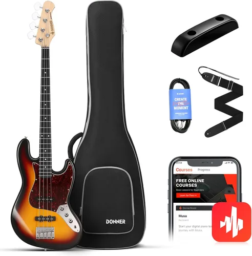 Miniatura 10 de Donner Guitarra eléctrica de bajo de 4 cuerdas tamaño completo estilo estándar PB para principiantes color negro para principiantes con lección