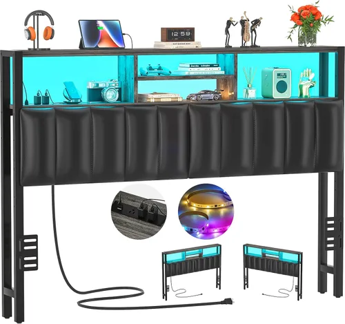 Miniatura 14 de Cabecero Aheaplus para Cama Individual con Almacenamiento, Cabeceros con Enchufes, Puertos USB y Luz LED, Cabecero Individual Solo, Altura