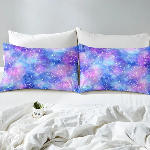 Miniatura 7 de Juego de funda de edredón con estrellas con purpurina y galaxia psicodélica, color azul marino y morado, tamaño individual, juego de ropa de cama