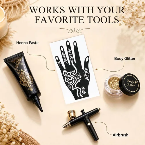 Miniatura 6 de Koogel Kit de plantillas de tatuaje de henna de 18 hojas, 97 plantillas de tatuaje con brillantina temporal para pintura facial y arte corporal