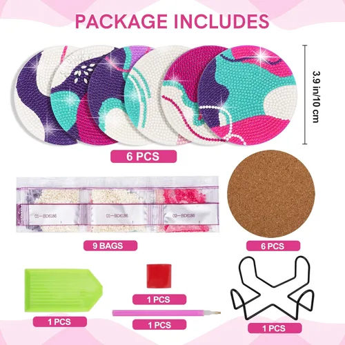 Miniatura 2 de Temlum 6 posavasos de pintura de diamante con soporte, kits de posavasos de arte de diamante para principiantes, kit de pintura de diamantes