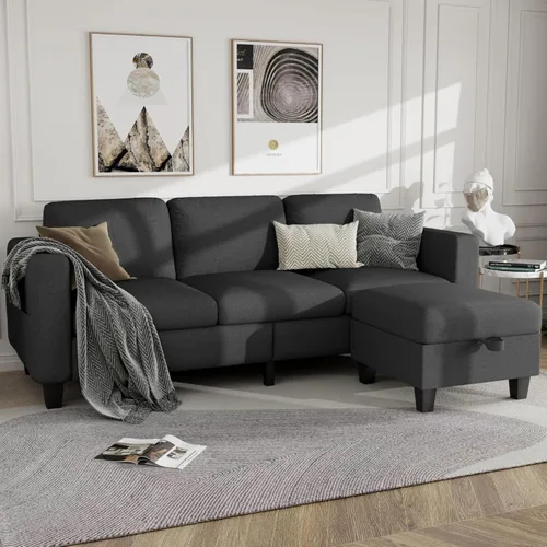 Sofá modular para sala de estar, sofá en forma de L, pequeño modular de 3 asientos, cómodo lino con almacenamiento de asiento profundo, fundas