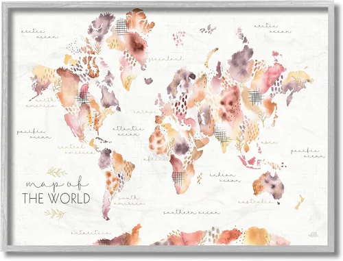 Stupell Industries Mapa del mundo floral abstracto acuarela rosa morado, diseño de Laura Marshall - Arte de pared enmarcado gris, 11 x 14, blanco