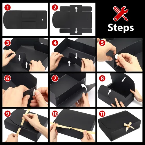 Miniatura 5 de SWANGSA Juego de 11 cajas de regalo negras con tapas, cajas de regalo de papel kraft de 10.6 x 8 x 3 pulgadas para regalos, caja de propuesta