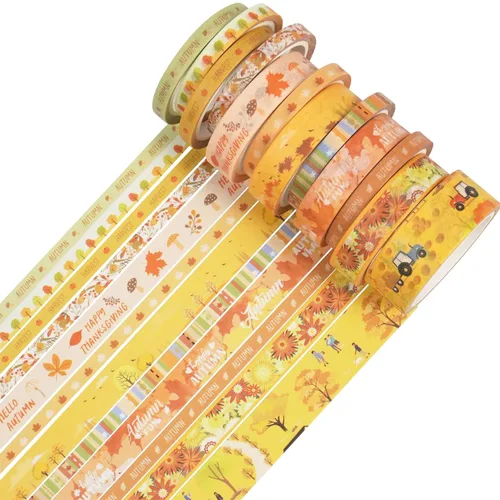 Miniatura 3 de Juego de 18 rollos de cinta Washi de otoño, adornos estampados de otoño, cintas adhesivas decorativas amarillas para artes, manualidades, diarios