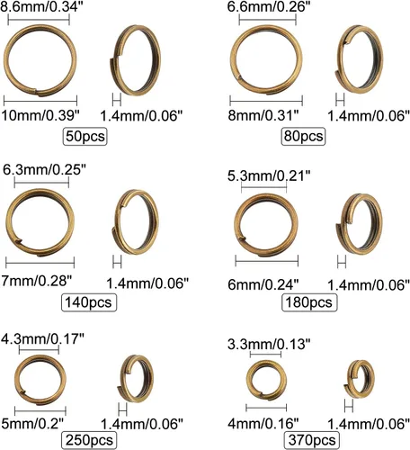 Miniatura 2 de PH PandaHall 1070 anillos de salto divididos de 6 tamaños, anillos de bronce antiguo, llavero pequeño, doble bucle, llaveros abiertos