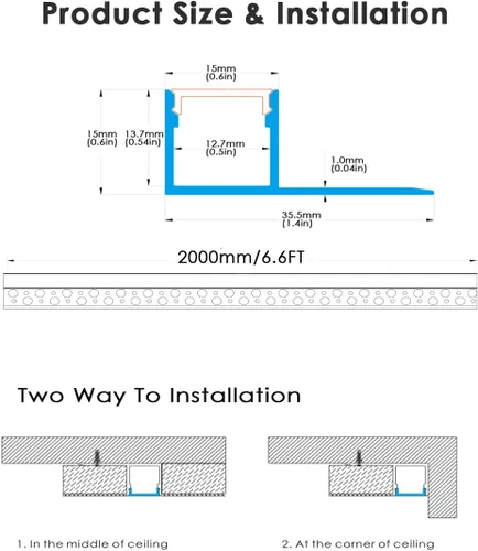 Miniatura 2 de Besseto Canal LED para Empotrar en Yeso, Paquete de 6, 6.6 Pies/2 Metros, Canal de Aluminio para Tira LED de Borde Recortado de Azulejo, Perfil LED