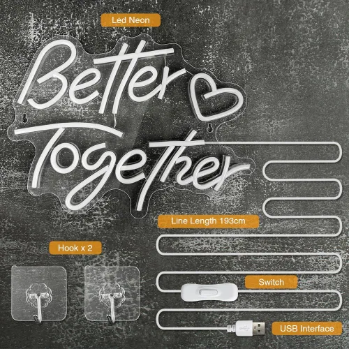 Miniatura 2 de Letreros de neón con texto en inglés «Better Together», «Arrinew LED», alimentado por USB, para decoración de pared del hogar, luces de neón