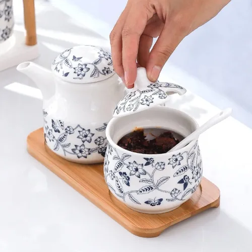 Miniatura 4 de Tarros de especias para condimentos, tarro de cerámica azul y blanco para restaurante con vinagre retro, tarro de chile, tarro de sal, salsa