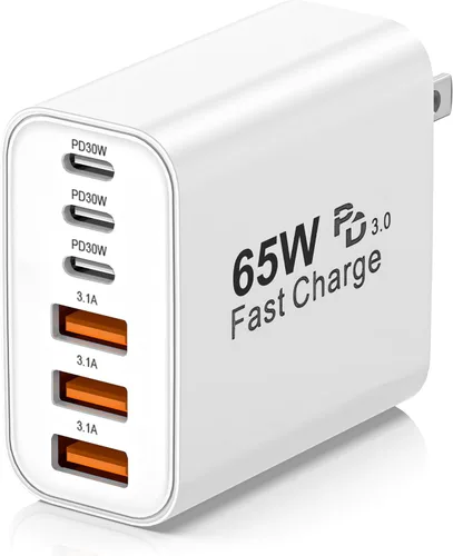 Miniatura 10 de Bloque de carga USB C, 65 W, 6 puertos, bloque de carga USBC, cargador de pared, cargador de iPhone, carga rápida, multipuerto tipo C, PD+QC, Negro