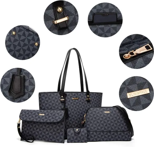 Miniatura 122 de Juego de 4 bolsas modernos para mujer de cuero sintético: bolso tote, bolso de hombro, bolso de mano y cartera.