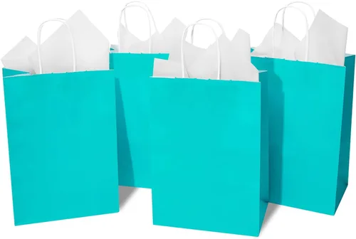 DjinnGlory Paquete de 24 bolsas de regalo de papel azul turquesa de tamaño mediano con asas de 10 x 8 x 4 pulgadas y 24 papel de seda para Verde