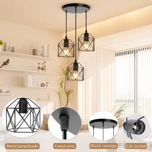 Miniatura 3 de CANMEIJIA 3 lámparas colgantes de 3 luces, lámpara de isla de cocina estilo granja, iluminación colgante industrial para dormitorio y comedor