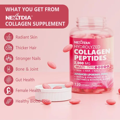 Miniatura 8 de Paquete de 2 píldoras de péptidos de colágeno liposomal para mujeres, 2000 mg, colágeno hidrolizado múltiple tipo I, II, III, V, X con 2500 mcg