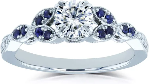 Kobelli Anillo de compromiso frondoso de moissanita redonda con detalles de zafiro azul 5/8 CTW Oro blanco de 14 k (GH/VS, GH/I)