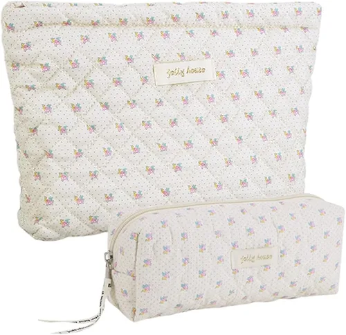 Juoxeepy Bolsa de maquillaje de algodón, bolsa de cosméticos de viaje, bolsa de cosméticos acolchada, bolsa de aseo floral estética coqueta A05-2pcs