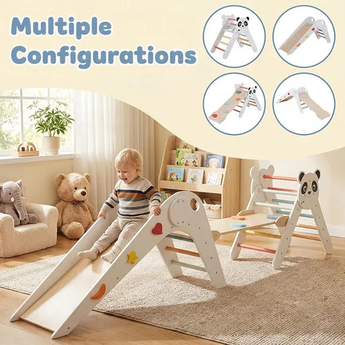 Miniatura 3 de GLACER Pikler - Juego de triángulos Montessori con temática de panda, juguetes de escalada para niños pequeños con escalera, túnel, tobogán, rampa