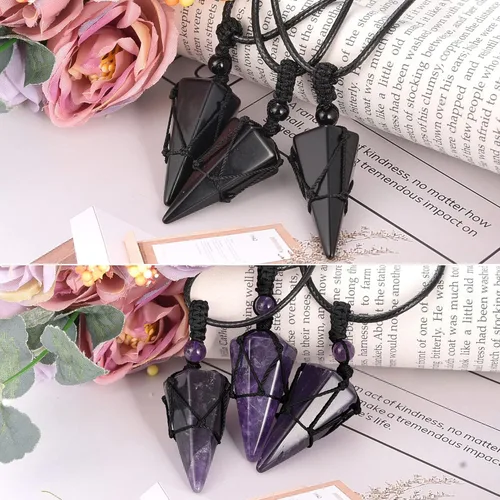 Miniatura 4 de Top Plaza - Collar ajustable con dije de piedra natural puntiaguda de sanación Reiki de 6 caras tipo péndulo joyería para mujeres y hombres