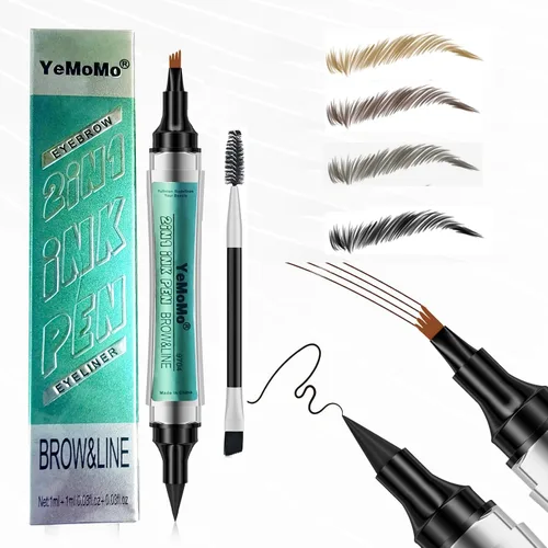 Bolígrafo de tinta 2 en 1 para cejas y delineador de ojos, punta de cuatro garras, impermeable, de larga duración, disponible en marrón claro,