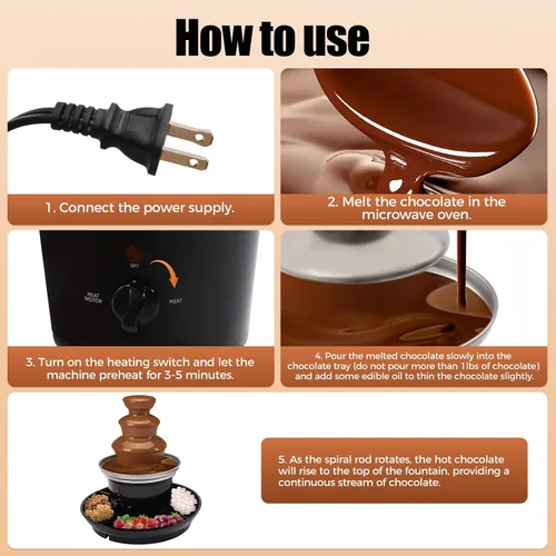Miniatura 5 de Máquina eléctrica de fuente de chocolate de tres niveles, capacidad de 1 libra, con bandeja de alimentos y barra giratoria en espiral para fiestas