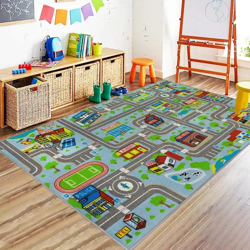 Miniatura 8 de Capslpad Alfombra Azul de Coche y Carretera para Niños, Alfombra de Juego para Sala de Juegos, Alfombra Antideslizante Lavable con Mapa de la Ciudad