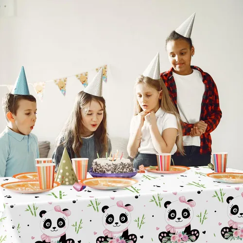 Miniatura 7 de Coume Paquete de 3 decoraciones de fiesta de cumpleaños de panda, manteles temáticos de panda, manteles grandes de plástico lindo para niños, fiesta