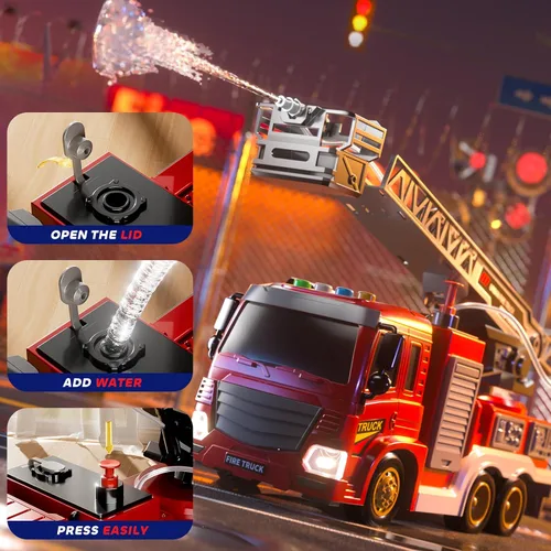 Miniatura 2 de JUKUDAHU Camión de bomberos de juguete para niños de 3, 4, 5, 6, 7, 8 años, juego de camiones de bomberos con escalera giratoria, sonido y luz