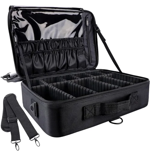 Gzcz Estuche de viaje para maquillaje, profesional, 16 pulgadas, gran capacidad, organizador de brochas, portátil, para artistas, divisores Negro