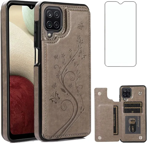 Asuwish Funda de teléfono para Samsung Galaxy A12 con protector de pantalla de vidrio templado, tarjetero con soporte para tarjetero, soporte para