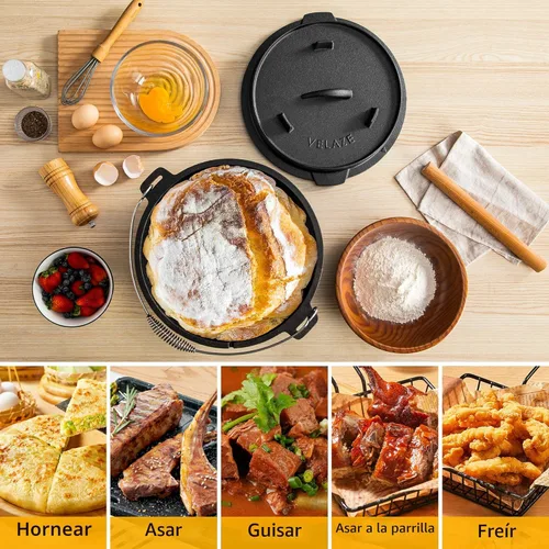 Miniatura 6 de Velaze Horno Holandés de Campamento de 10 Cuartos de Galón, Olla Holandesa de Hierro Fundido Pre-Sazonada para Campamento con Tapa, para Uso