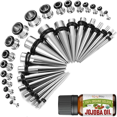 Miniatura 42 de BodyJ4You kit de 37 piezas de diferente calibre para dilatar perforaciones de oreja, aceite de jojoba, 14G-00G, acero quirúrgico