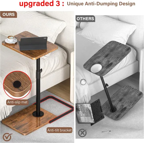 Miniatura 4 de Mesa auxiliar de mesa C de altura ajustable, mesa giratoria de 360°, base de metal y madera mejorada para evitar resbalones, mesa con reposabrazos