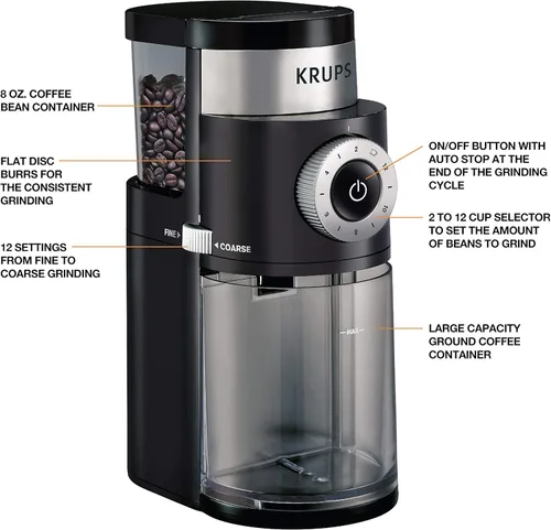 Miniatura 2 de KRUPS Molinillo de café Precision Burr: 12 ajustes, capacidad de 8 onzas para goteo, prensa francesa, expreso, vertido, preparación fría, acero