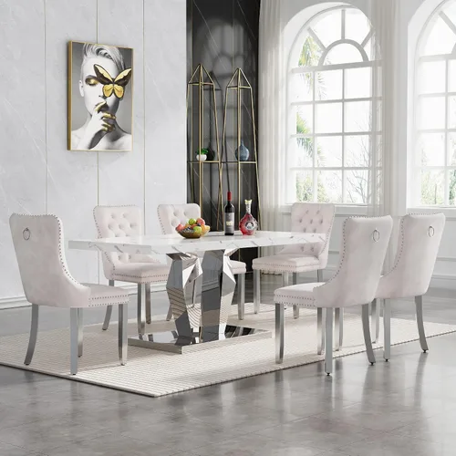 Miniatura 50 de Moderno juego de mesa de comedor de mármol sintético de 68.11 pulgadas para 6, mesa de comedor de mármol blanco y plateado con 6 sillas de Blanco