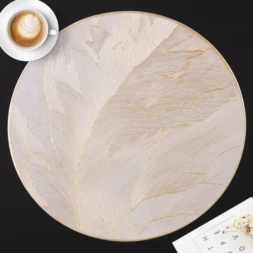 FAVE 4 Pcs Round Vinyl Table Mats with Feather Pattern, Non-Slip Easy Clean Gold Table Mats for Party Decoration (4 Pack, Gold Feather)
