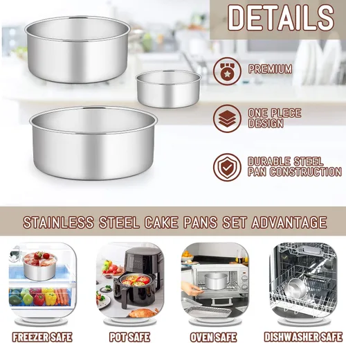 Miniatura 3 de E-far Juego de 3 moldes para pasteles (4, 6 y 8), moldes redondos de acero inoxidable profundo para bodas, cumpleaños, no tóxicos y aptos