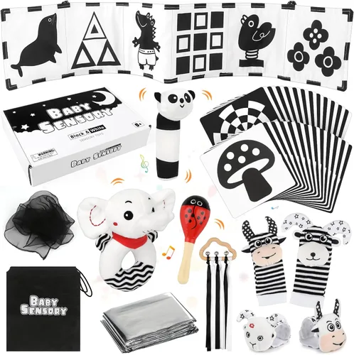 Dreamon 32 juguetes sensoriales de alto contraste para bebés en blanco y negro, juguetes para recién nacidos con sonajero, libro suave y tarjetas
