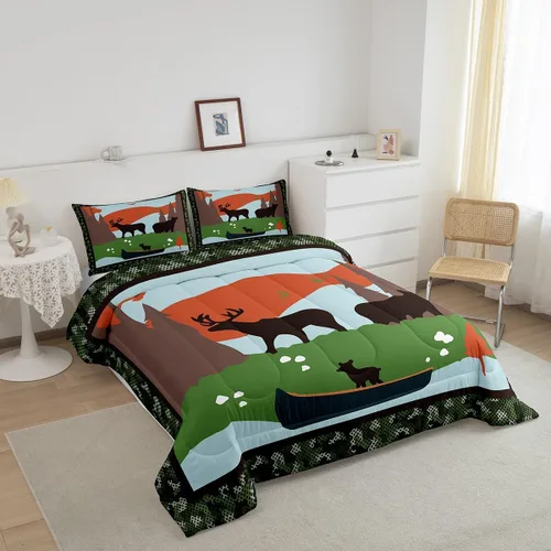 Miniatura 2 de Juego de ropa de cama de jejeloiu con diseño de ciervos y osos para niños y niños, edredón ultra suave para campistas, decoración feliz acampando