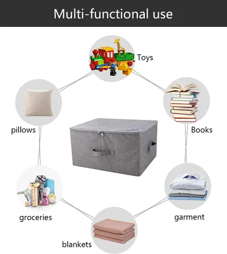 Miniatura 5 de iwill CREATE PRO Caja de almacenamiento plegable con tapa con cremallera y asas, cestas de almacenamiento rígidas con tela de lino y tablero de Gris