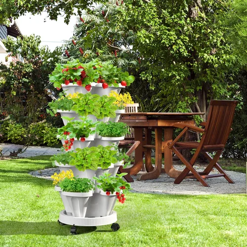 Miniatura 8 de Macetas verticales de fresa, paquete de 2 unidades, torre apilable de 5 niveles con poste de soporte, macetas apilables para hierbas y verduras