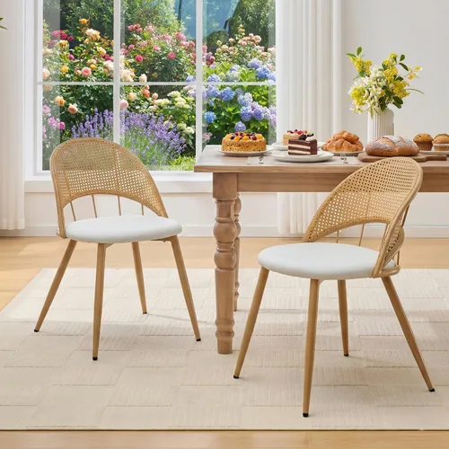 Miniatura 8 de TYBOATLE Juego de 2 sillas de comedor de ratán con cojín de piel sintética, modernas sillas de comedor con almohadillas ajustables para los pies