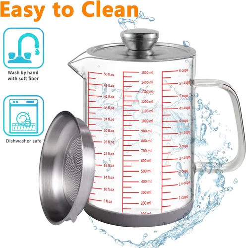 Miniatura 5 de Luvan Contenedor de grasa de tocino de vidrio de 1.5L/50oz con colador, lata de almacenamiento de aceite de cocina con filtro de malla fina, tapa