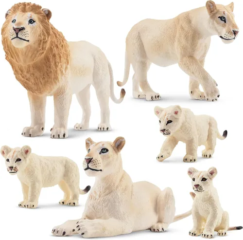 Toymany 6 piezas de figuras de leones blancos con cachorros de león, figuras de animales de la selva de 2-5 pulgadas, conjunto familiar realista que
