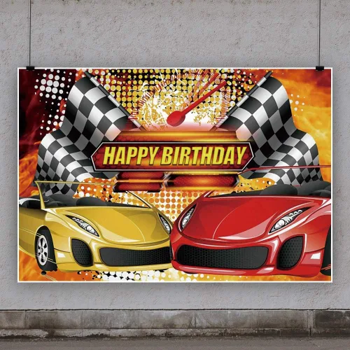 Miniatura 4 de Yeele Telón de fondo con temática de coche de carreras de 5 x 4 pies, color rojo y amarillo, bandera de campeón, fondo de fotografía, fiesta