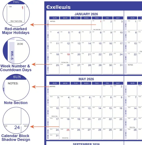 Miniatura 2 de Calendario de pared 2026 de 32 x 48 pulgadas, 12 meses de enero a diciembre, planificador anual anual grande de borrado en seco, calendario