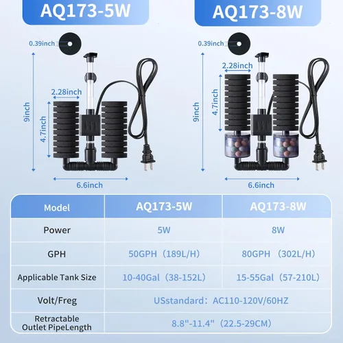 Miniatura 6 de AQQA Filtro de esponja eléctrica para acuarios, doble filtración biológica y mecánica, bomba de agua de 8 W 80 GPH con oxigenación y circulación