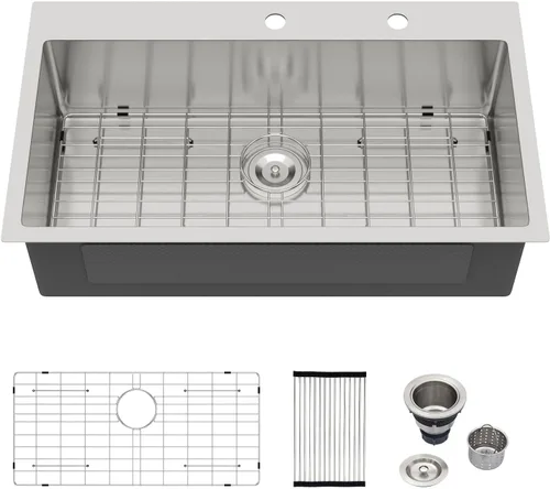 Miniatura 19 de Logmey Fregadero de cocina negro 33x22 empotrable, estación de trabajo de fregadero de cocina, SUS304 calibre 16 acero inoxidable, tazón individual
