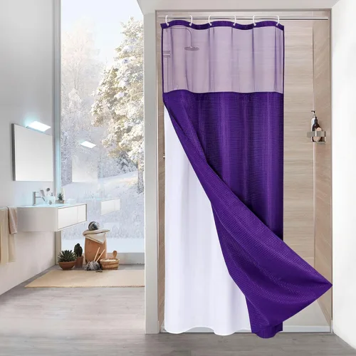 Miniatura 45 de MitoVilla Cortina de ducha pequeña beige de 36 x 72 pulgadas, juego de cortina de ducha de tela de punto gofre de tamaño medio estrecho con forro