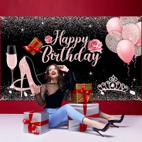 Miniatura 6 de Sumind Decoración de pancarta de feliz cumpleaños, fondo de cumpleaños negro y rosa, 6 x 3.6 pies, oro rosa y negro, decoraciones de fiesta