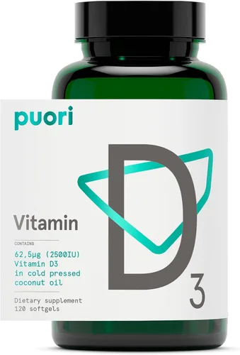 Puori Cápsulas blandas de vitamina D3, 2500 UI (62.5 mcg) – Suplementos de vitamina D3 de rápida absorción para apoyo del sistema inmunológico,